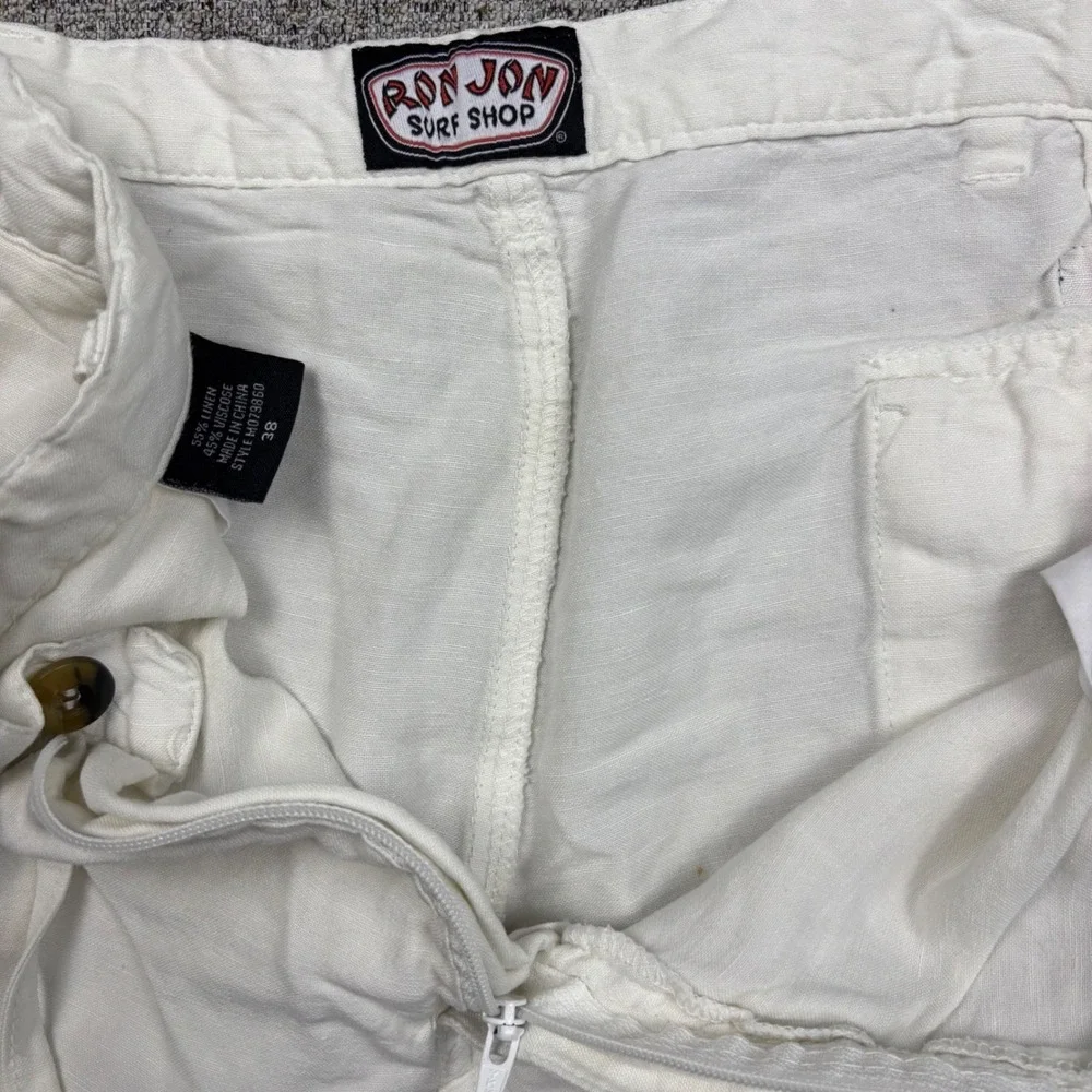 Ron Jon Surf Shop Mens Linen Blend Shorts White 38 Drawstring Cargo